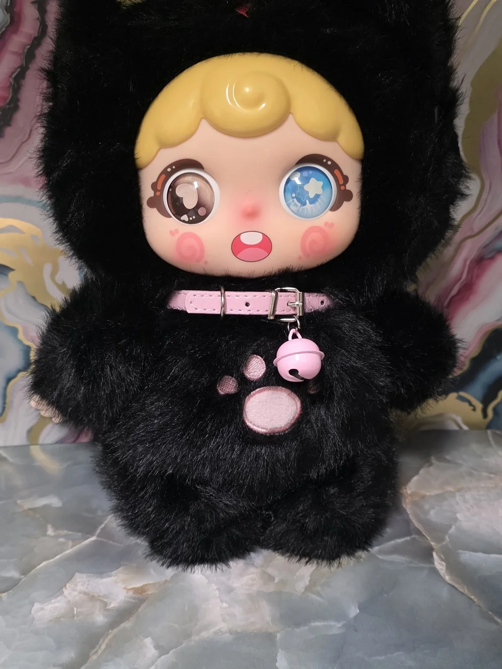 Mido Cute Black Cat Vinyl Doll With Pink Bell Collar